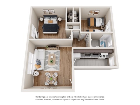 Floor plan for 2 beds, 1 bath, 628 sqft